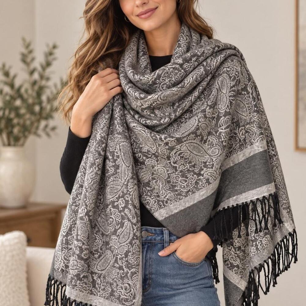 Gray black paisley pashmina